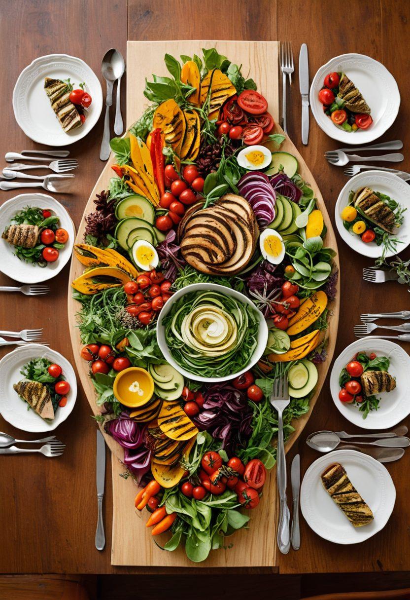 A beautifully arranged table setting featuring a colorful array of healthy lunch and dinner dishes, including fresh salads, grilled vegetables, and whole grain options, all artistically plated. Include pleasing, warm lighting that creates a cozy atmosphere, with herbs and spices elegantly scattered around for added visual appeal. The background should feature a hint of greenery or flowers to enhance freshness. super-realistic. vibrant colors. warm lighting.