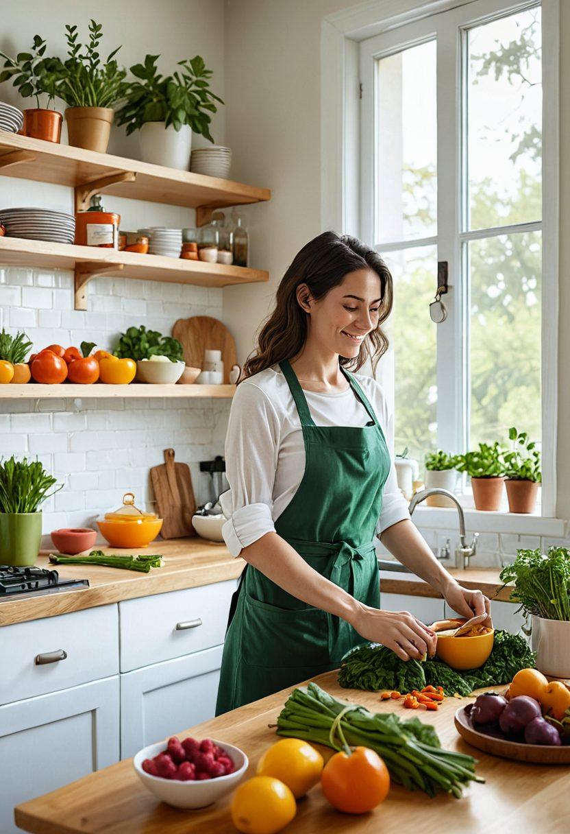 A serene kitchen scene with fresh, colorful ingredients symbolizing a healthy lifestyle, featuring a woman preparing a vibrant meal focused on gut health. Surrounding her are illustrated strategies for IBS management like herbal teas, gut-friendly snacks, and a wellness journal, all infused with a sense of calm and positivity. Bright light pours in through a window, creating an inviting atmosphere. super-realistic. vibrant colors. white background.